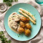 Schweinefilet mit Spargel-Pilzsauce und Drillingskartoffeln